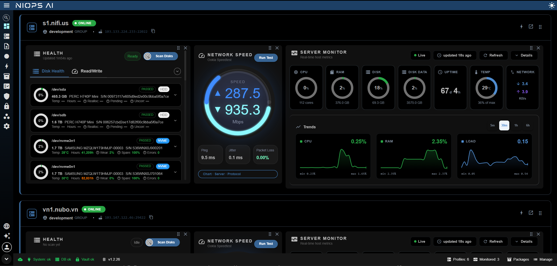 NiOps AI Dashboard — machine cards and package widgets
