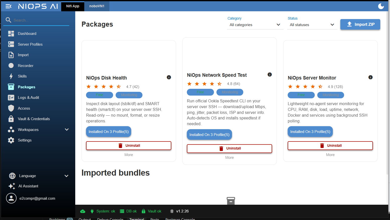Packages page: install, remove, import ZIP